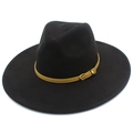 Detailed shot of a black fedora hat featuring a brown leather band and gold buckle detail - One Size / Black