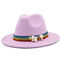Elegant pink wool fedora hat for women with colorful ribbon and white pearl accents - Light Purple