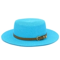 Detail of bright blue boater hat with a brown leather strap and golden heart buckle - Lake Blue