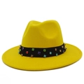 Vibrant yellow wool fedora hat for women with colorful rhinestones on a black ribbon band - Yellow