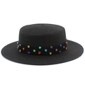 Close-up of black straw flat top boater hat with colorful rhinestones on ribbon - Black