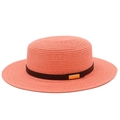 Vue détaillée de la texture de paille et du ruban noir avec boucle dorée du canotier - Taille unique / Rose