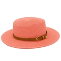 Detail of coral pink straw hat with brown leather band and gold heart buckle - Pink