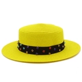 Flat top yellow Panama straw hat for women with colorful rhinestone ribbon band - Yellow
