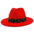 Detailed view of red wool fedora hat featuring colorful rhinestones on black band - Red