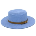 Detail of blue straw sun hat with brown faux leather band and heart metal buckle - Light Blue