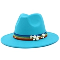 Detail of teal wool fedora hat featuring rainbow ribbon and decorative white pearls - Sky Blue