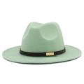 Detail of mint green wool fedora hat featuring a brown belt with gold metal buckle - Mint Green