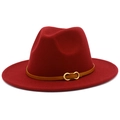 Detail of red fedora hat with brown leather band and golden metal buckle decoration - One Size / Burgundy