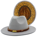 Detail view of grey wool fedora featuring leopard print lining and golden feather buckle - Gray