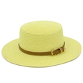 Close-up of yellow woven straw hat featuring a brown leather band and gold heart buckle - Neon Yellow