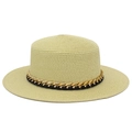 Chapeau de paille beige style français avec ruban cuir noir et chaîne dorée - Taille unique / Beige