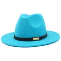 Detail of turquoise felt fedora featuring a slim black leather band and gold buckle - Sky Blue