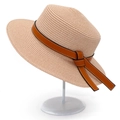 Classic straw sun hat with brown faux leather band and white stitching on a metal stand - One Size / Light Pink
