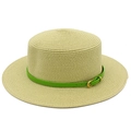 Close-up of beige straw hat featuring fine woven texture and green leather belt buckle - Beige