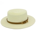 Close-up of cream boater hat showing fine straw weave and brown leather band with gold buckle - Off White