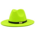 Neon yellow wool-like fedora hat for men and women with black belt and golden buckle - Neon Yellow