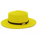 Chapeau de paille canotier jaune vif avec ruban en cuir noir et boucle dorée élégante - Taille unique / Jaune