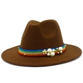 Detail of dark brown fedora featuring rainbow ribbon, white pearls and floral accents - Coffee