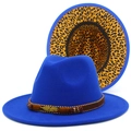 Detail of royal blue wool fedora featuring leopard print lining and gold feather ornament - Sapphire Blue