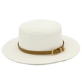 Women's cream boater straw hat with brown leather band and gold metal buckle for beach - White
