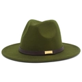 Detail of army green fedora hat featuring a brown leather band and gold buckle - Army Green