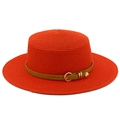 Detail of orange straw boater hat featuring a brown leather band and heart pendant - Red