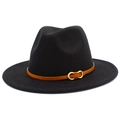 Detail of black fedora wool felt hat with brown leather band and gold buckle - One Size / Black