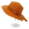 Fashionable orange woven straw sun hat with brown leather band for beach and travel - One Size / Caramel color