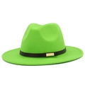 Detail of the bright green wool fedora hat featuring a black leather belt and gold metal buckle - Fluorescent Green