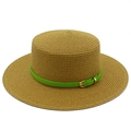 Close-up of flat top straw hat with wide brim and green leather belt with gold buckle - Brown