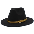 Detail of black fedora hat featuring a tan leather band with a golden heart charm buckle - Black