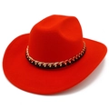 Classic red wool felt fedora hat featuring a chunky gold chain and upturned brim style - Red