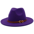 Close-up of purple wool fedora hat featuring a brown leather strap and golden buckle - One Size / Purple