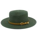 Detail of dark green woven straw hat with brown leather band and gold metal buckle - Dark Green