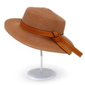 Close-up of the textured brown straw weave and orange faux leather strap with stitching - One Size / Deep Pink