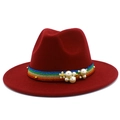 Detailed view of burgundy wool fedora with rainbow ribbon and pearl flower accents - Burgundy
