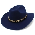 Navy blue wool fedora hat for men and women featuring a decorative gold chain band - Dark Blue