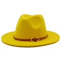 Close-up of bright yellow wool felt fedora with slim brown leather band and gold buckle - One Size / Yellow