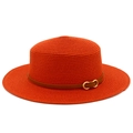 Chapeau Panama en paille orange à bord large et ceinture en cuir avec boucle - Taille unique / Rouge