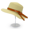 Detail of straw sun hat featuring brown leather band with white contrast stitching - One Size / Beige