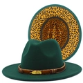 Detailed shot of dark green fedora with leopard print lining and feather charm - Dark Green