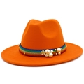 Detail of orange wool fedora featuring rainbow glitter ribbon and faux pearl accents - Orange
