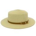Detailed view of woven boater hat with flat top and brown leather band buckle detail - Beige