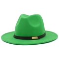 Detail of a bright green fedora with a black leather belt and gold buckle accent - Grass Green