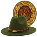 Detailed view of dark green wool fedora with leopard print lining and feather accent - Army Green