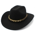 Detail of black wool fedora with a chunky gold metal chain link hatband decoration - Black