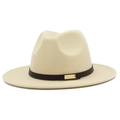 Detail of cream felt fedora hat with a brown leather band and gold buckle accent - Beige