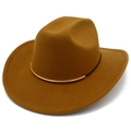 Detailed view of brown felt cowboy hat with gold metal tube accent on black band - Brown