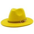 Detail of yellow wool fedora hat with brown leather band and gold heart pendant - Yellow